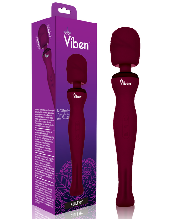 Viben Sultry Waterproof Rumbly Wand Vibrator next to box 