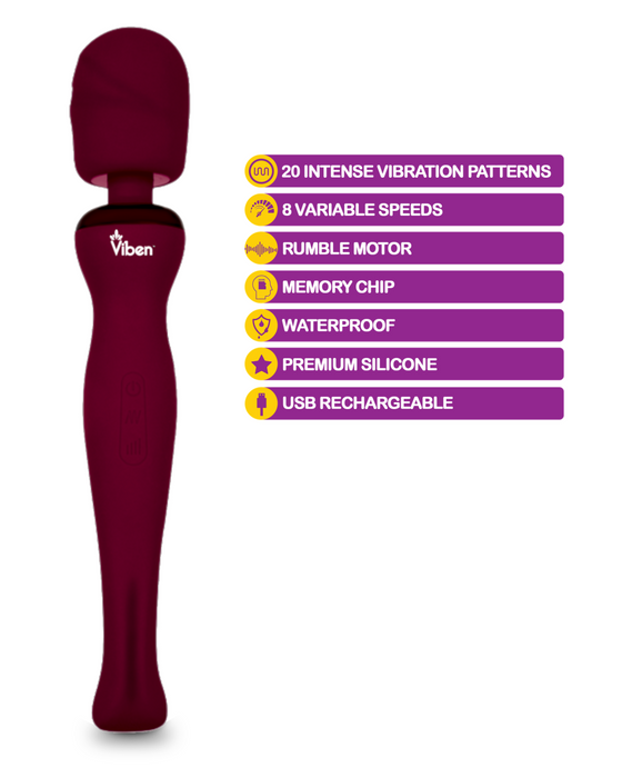 Viben Sultry Waterproof Rumbly Wand Vibrator graphic showing features of product 