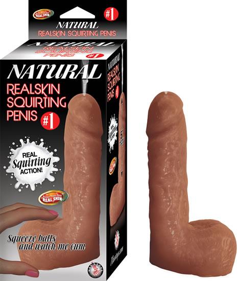 Natural Realskin Squirting Dildo 6 Inch - Chocolate next to the box on a white background