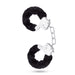 A pair of sexy Blush Temptasia Furry Cuffs Handcuffs in black, isolated on a white background.