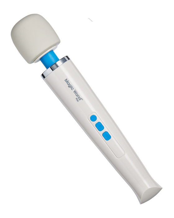 Magic Wand Plus Variable Speed Corded Vibrator on a white background showing the buttons