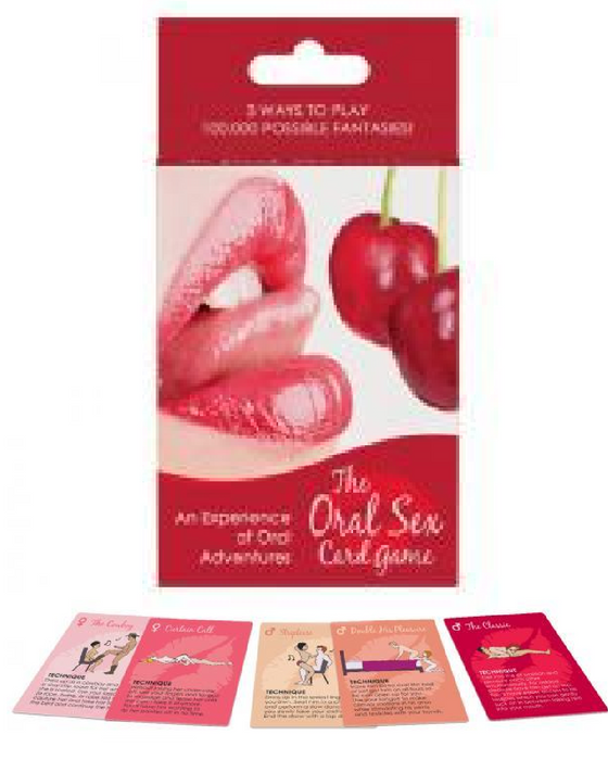 An adult-themed "Oral Sex Card Game" package from Kheper Games featuring suggestive imagery and the title 'the oral adventures card game,' with sample cards displayed in front of the box, hinting at a playful and intimate experience.