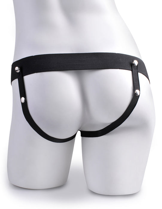 Fetish Fantasy Series Vibrating 7 Inch Hollow Rechargeable Strap-On with Remote - Tan back of the harness
