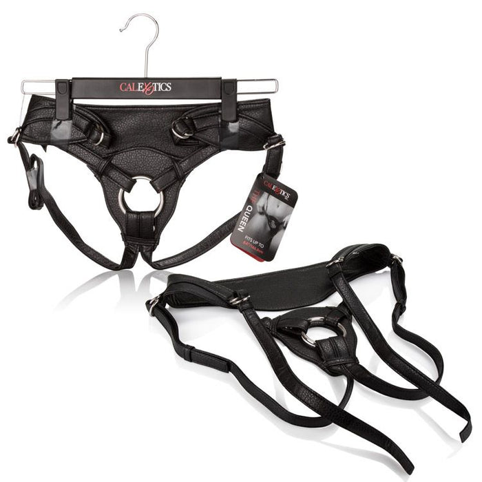 The Queen Adjustable Strap-On Harness shown on a hanger and laying flat
