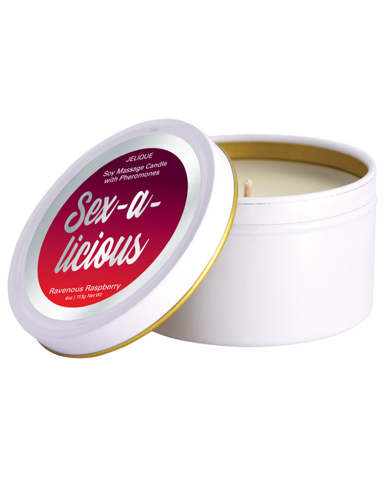 Sex-A-Licious Pheromone Massage Candle - Raspberry Scent with lid off