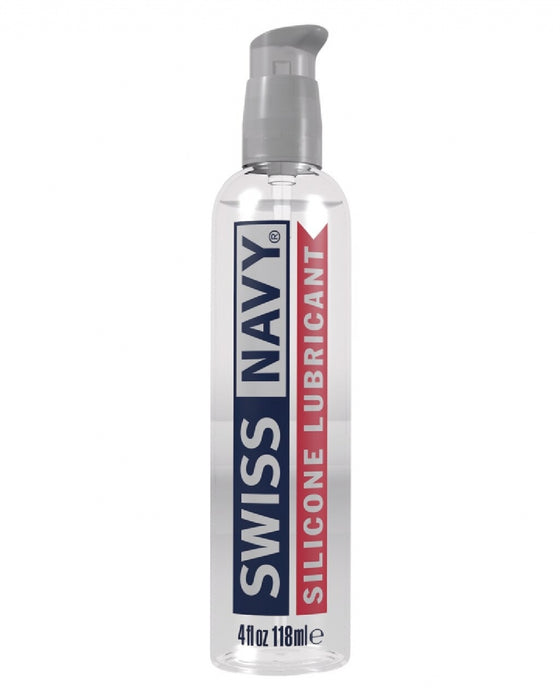 A bottle of premium Swiss Navy Silicone Lubricant from the brand Swiss Navy against a white background.