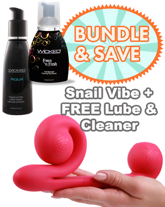 Special offer on personal wellness products: purchase a Betty's Toy Box Snail Vibe + Free Lube & Cleaner Bundle and save! This Dual Stimulator is the perfect addition to your collection.