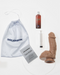 Squirting Realistic Cock 7.4 Inch Ejaculating Suction Cup Dildo  - Vanilla with a white background showing the dildo, care guide, storage bag, syringe, and lube sample